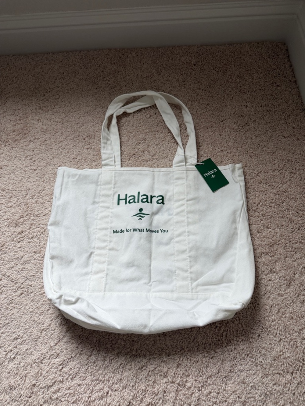HALARA Cream Canvas Tote with Green Logo Tag